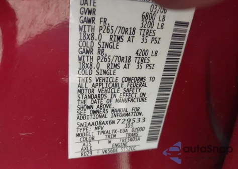 2006 Nissan Armada Se from USA, damaged, VIN 5N1AA08AX6N729533